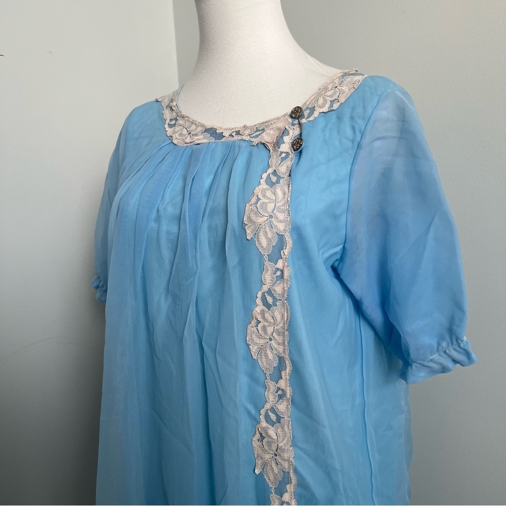 Vintage Blue Chiffon Nightgown / Sheer Lace Trim Dress – Fairycore romantic L/XL - Picture 4 of 5